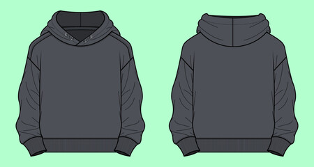 Oversized dark grey colour hoodie with front and back view vector flat sketch drawing. 