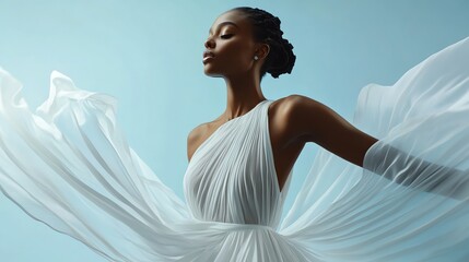 Naklejka premium A beautiful woman with dark skin poses in a flowing white dress.