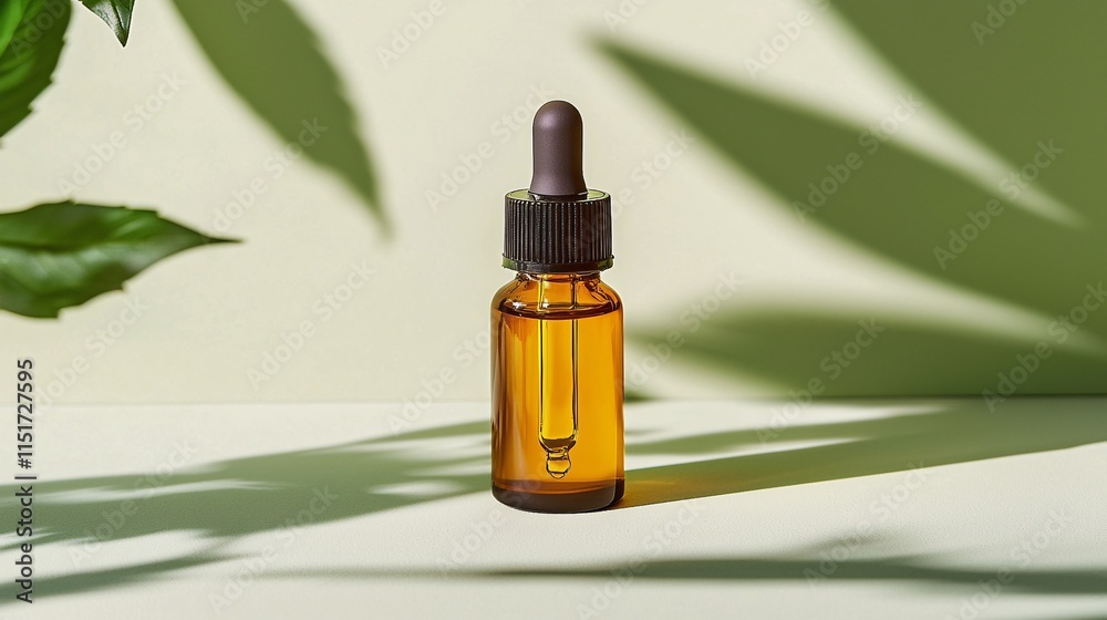 Poster a cbd oil dropper bottle placed on a light green surface with soft shadows and minimalist medical to