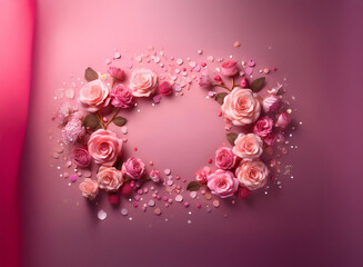 A delicate oval frame of pink roses and sparkling accents on a blush pink background.  Perfect for Valentine's Day or a romantic occasion.