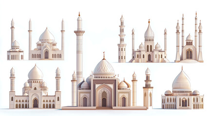Obraz premium Eight 3Drendered models showcase diverse styles of white Islamic mosques featuring domes minarets and intricate details against a white background