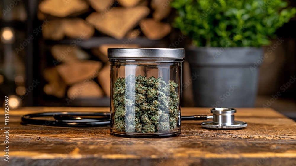 Poster a small jar of medical cannabis buds placed on a natural wood surface with a stethoscope in the back
