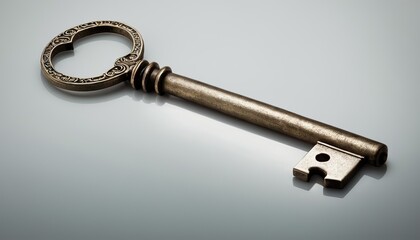 Closeup of a silver metal key with intricate details isolated on a white background 6