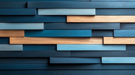 Abstract wooden panel pattern featuring horizontal 3D slats in shades of blue and natural wood, creating a contemporary design aesthetic.