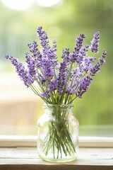 Sunlit lavender blossoms in glass jar on windowsill.