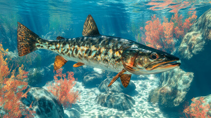 Pike Fish swimming underwater in the sunlight.