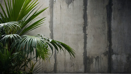Tropical palm leaves against a blank, rustic backdrop. Behind the internal concrete wall is a jungle garden.