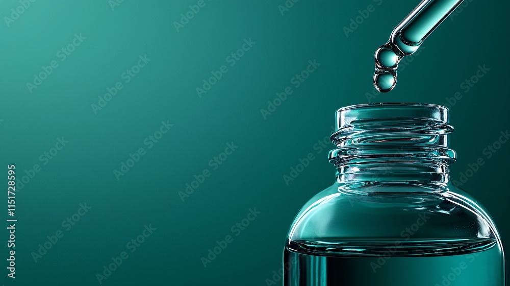 Poster A drop of CBD oil falling from a pipette into a clear bottle with a soft green gradient background Stock Photo with side copy space