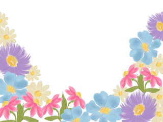 Obraz premium Collection of spring colorful flower banner border Set floral of wildflower, leaf branch, foliage on white background. Hand drawn blossom illustration