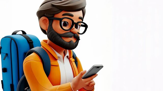 3D icon avatar cartoon hipster character, stylish smiling man blogger with glasses with phone, online learning people close up portrait on isolated on transparent png background