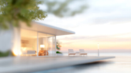 Obraz premium New home property sustainability concept. Modern floating house concept with serene waterfront view and soft lighting