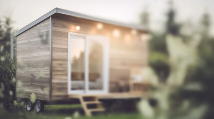 Obraz premium New home property sustainability concept. Tiny house on wheels with wooden exterior and outdoor lighting