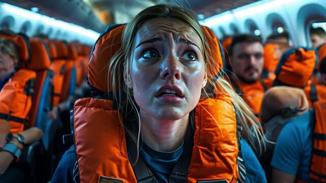 Turbulence and Fear:  A woman's face contorted in fear, her eyes wide with worry, as she stares up in a crowded airplane cabin, surrounded by passengers wearing life jackets.