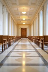 Endless hallway echoing with pew sounds fading into the distance.