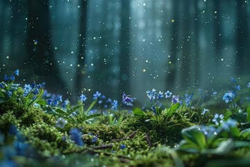 A whimsical forest clearing with ferns and moss-covered ground adorned with delicate bluebells and forget-me-nots, beneath a celestial dome filled with endless stars.