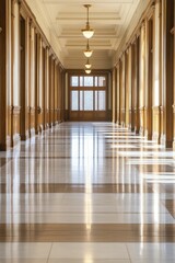 Ethereal light streaming down a seemingly endless hallway in an abandoned building, creating an atmosphere of mystery and solitude.