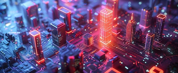 Fototapeta premium Neon Cityscape on a Circuit Board
