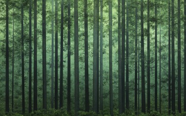 Fototapeta premium Lush Green Forest with Majestic Trees and Vibrant Grasses Under the Sunlight, Natures Serene Beauty Captured in a Photo.