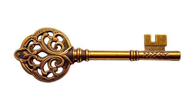 Golden skeleton key isolated on transparent background. Close-up of antique decorative key. Symbol of elegance, mystery and revealing secrets.