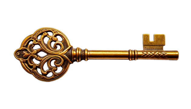 Golden skeleton key isolated on transparent background. Close-up of antique decorative key. Symbol of elegance, mystery and revealing secrets.