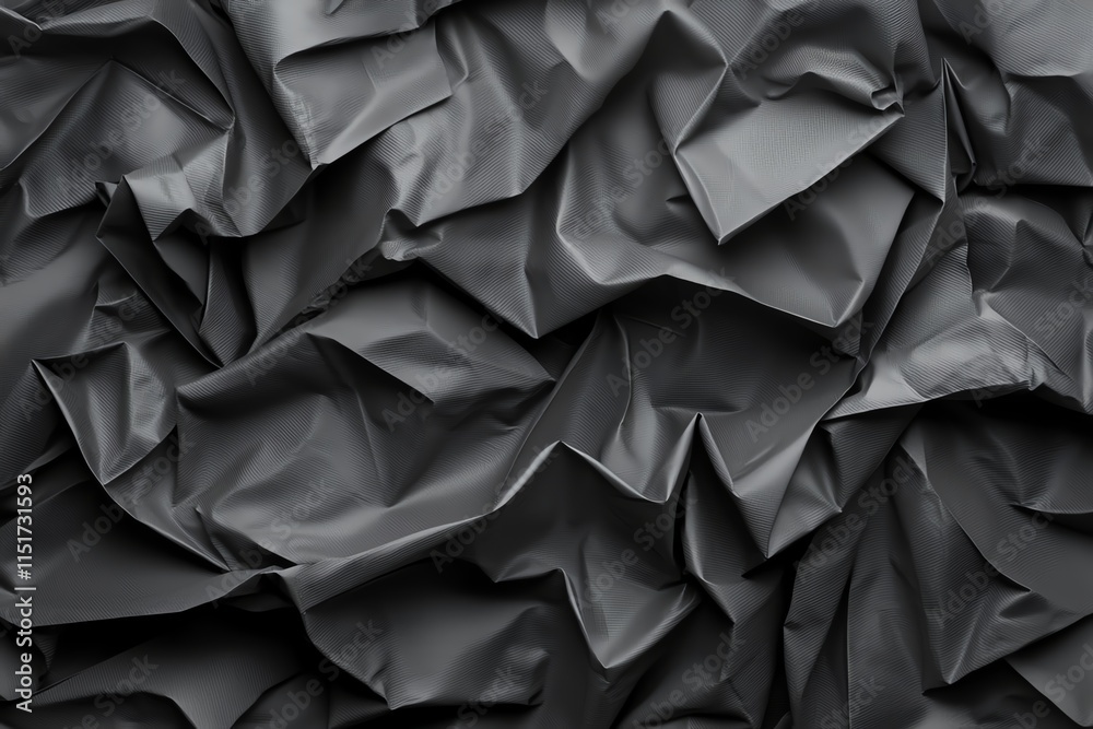Poster close-up of crumpled dark paper, creating an abstract and textured background, ideal for design and 