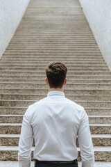 Obraz premium Man in White Shirt and Black Pants Ascending Stairs in Urban Setting