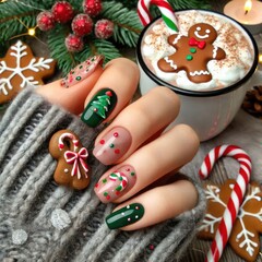 Cute Christmas nails with gingerbread cookies, candy canes, and hot cocoa