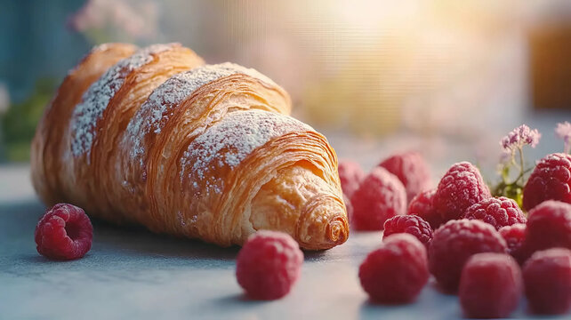 croissant con frambuesas, rodeada de peque&ntilde;as guarniciones y decoraci&oacute;n de san valent&iacute;n