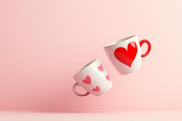 Two white cups with drawn hearts floating in the air. Creative Valentine's Day theme with pink background and copy space.