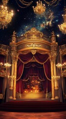 Elegant Royal Stage with Glittering Chandeliers and Red Drapes - Made with Generative AI
