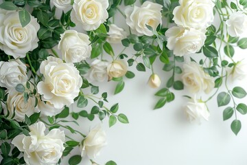 Obraz premium Beautiful arrangement of white roses and green leaves on a light background, perfect for floral decor.