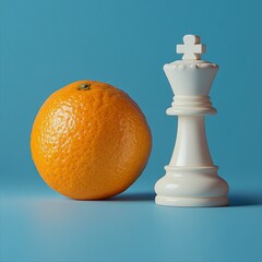 An orange placed next to the white chess piece of the king. Abstract composition with light blue background and copy space.
