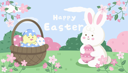 Happy Easter banner cover vector elements. Playful cute white bunny holding Easter eggs, cute chick hatched from an egg in a basket of eggs, hand drawn. Spring flowers and a branch of leaves
