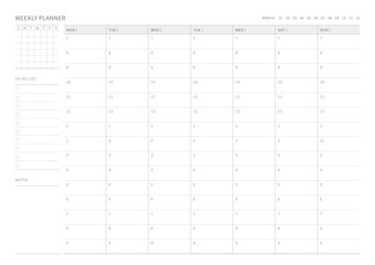 A weekly plan design template in a modern, simple, and minimalist style. Note, scheduler, diary, calendar, planner document template illustration.
