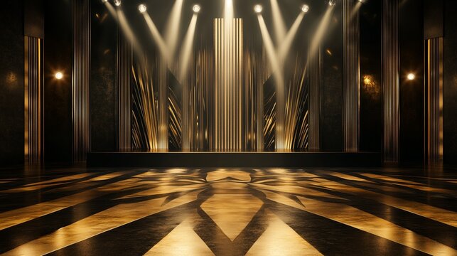 Modern Art Deco Stage with Glowing Gold and Sleek Black Features - Made with Generative AI