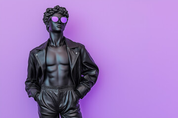 Fototapeta premium A classical Greek sculpture wearing a modern leather jacket, pants, and stylish sunglasses, merging timeless elegance with contemporary flair.