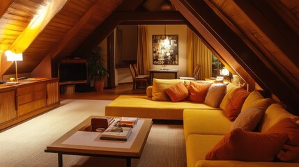 Fototapeta premium Cozy Attic Living Room with Yellow Sofa and Wooden Beams