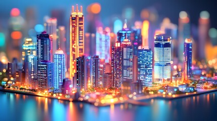 Fototapeta premium Miniature cityscape diorama with tilt-shift effect. Colorful illuminated buildings and tiny architectural models. Vibrant neon colors and glowing city lights. Magical small world in professional photo