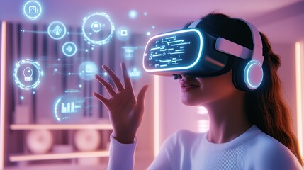 Futuristic VR experience with glowing interface, female user exploring augmented reality technology, virtual digital holograms Interactive digital interfaces Futuristic tech experiences.
