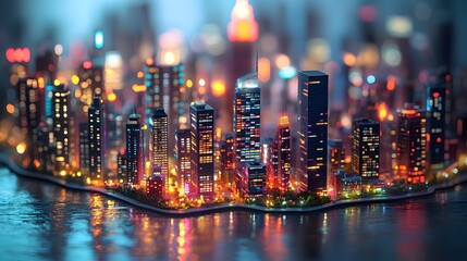 Miniature cityscape diorama with tilt-shift effect. Colorful illuminated buildings and tiny architectural models. Vibrant neon colors and glowing city lights. Magical small world in professional photo