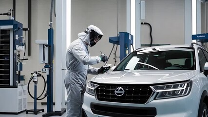 Technician in Protective Gear Inspecting a White Car in a High-Tech Automotive Workshop

