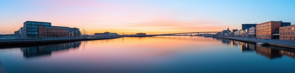 A beautiful sunset over a calm body of water. The sky is a mix of orange and pink hues, creating a serene and peaceful atmosphere. The water is still, reflecting the colors of the sky