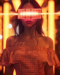 Woman with glowing visor and orange background.