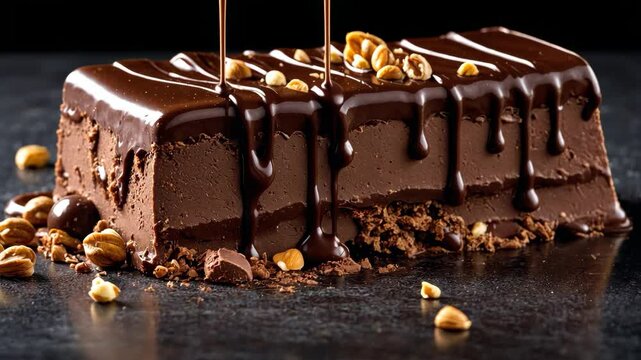 Video footage of rich chocolate cake slice with a smooth, glossy chocolate glaze dripping down the sides, topped with crunchy nuts, set against a dark background