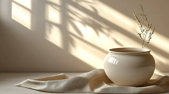 Sunlit beige ceramic pot with dried plant on beige fabric.