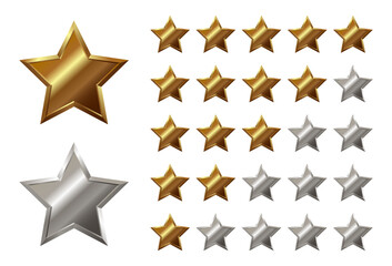 Isolated 5, 4, 3 shiny realistic gold, silver star with metallic effect. Five elements for medal, award, product rating, hotels status on white background, customer feedback, review. Vector EPS10