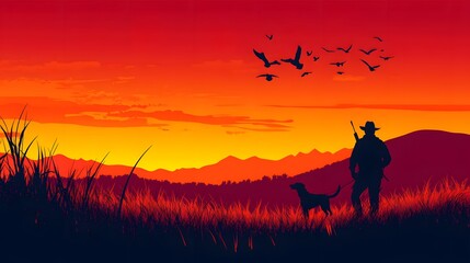 Illustration of a hunter with a dog hunting pheasants, with a sunset background