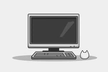 Fototapeta premium A simple vector icon of a desktop computer in black on a grey background with no shading or detailed