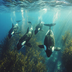 Fototapeta premium Orca whales swim with their flock in the sea