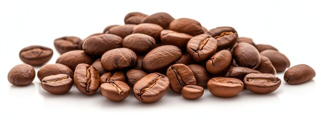 Naklejka premium Pile of roasted coffee beans on white isolate background, showcasing rich textures and natural brown tones.